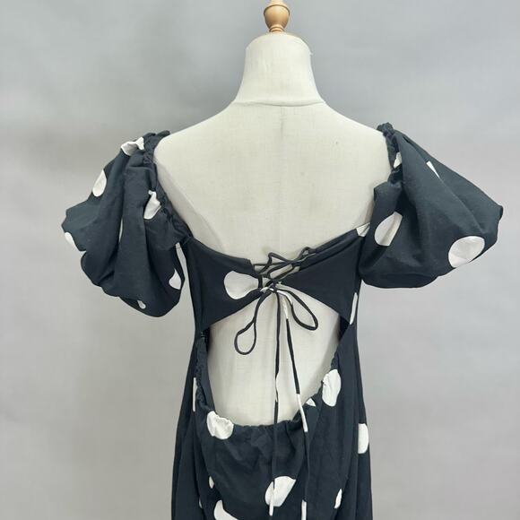 H&M Black Polka Dot Midi Dress Puff Sleeve Sweetheart Neckline Size XL - Picture 10 of 16
